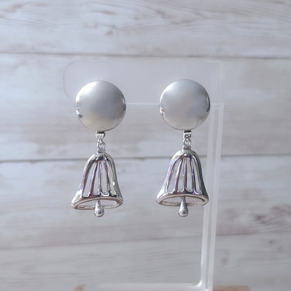 Vintage Screw On Earrings Silver Tone Large Bell Shape Dangle